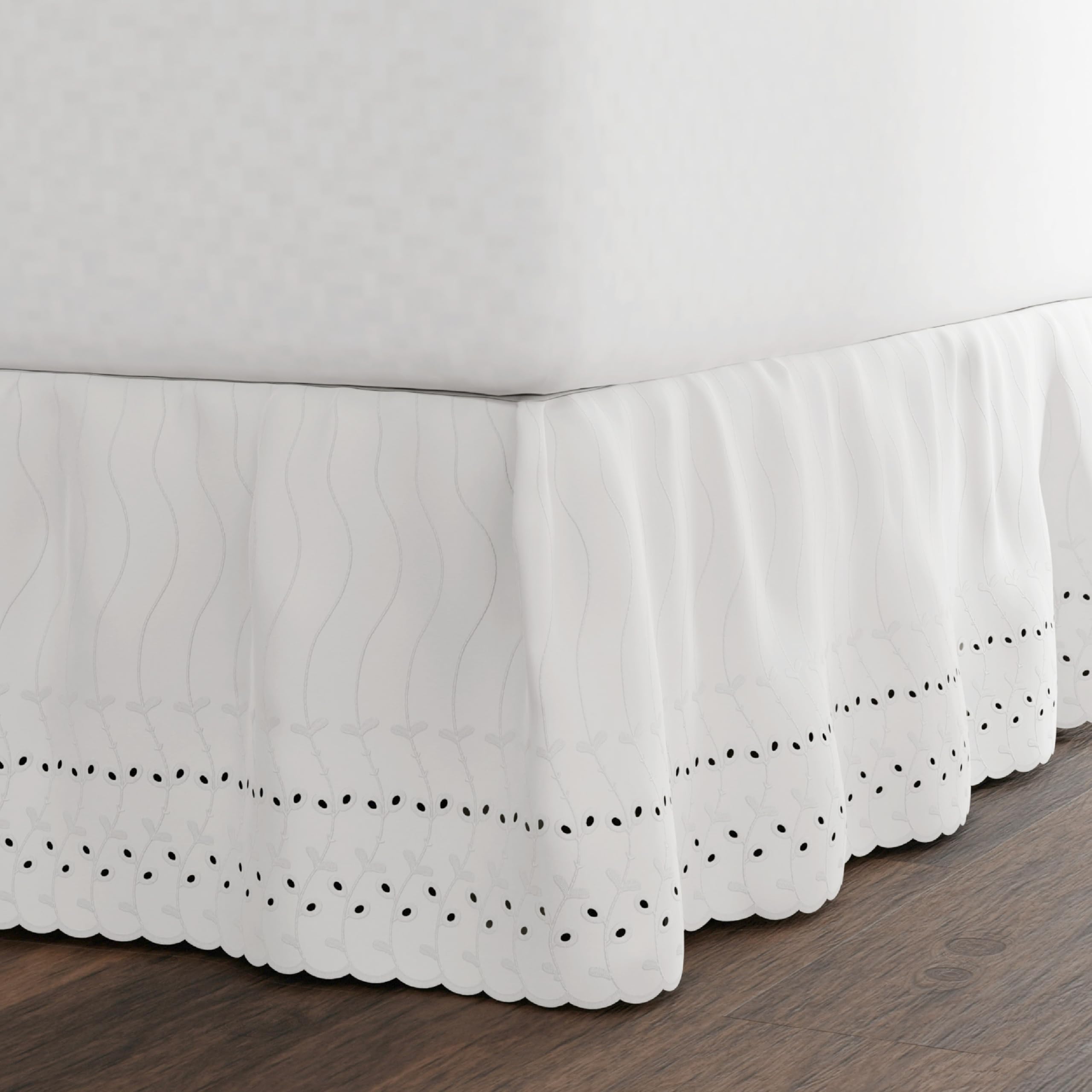 Photo 1 of FRESH IDEAS Eyelet Bed Skirt Dust Ruffle Embroidered Details, Classic 14” Drop Length Gathered Styling, Twin, White (Model: FRE30014WHIT01)