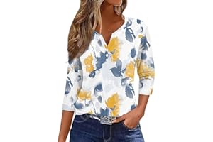 FQZWONG Womens Fall Fashion 2024 Tops for Women Trendy 3/4 Sleeve Henley Shirts Ladies V Neck Blouses Button Down Clothes