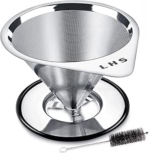 Pour Over Coffee Dripper Stainless Steel LHS Slow Drip Coffee Filter Metal Cone Paperless Reusable Single Cup Coffee Maker 1-2 Cup With Non-slip Cup Stand and Cleaning Brush