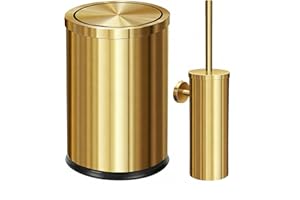 Huaqinglian 2.6Gallon Brushed Gold Bathroom Trash Can with Toilet Brush Set/Stainless Steel Gold Garbage can with Swing lid T