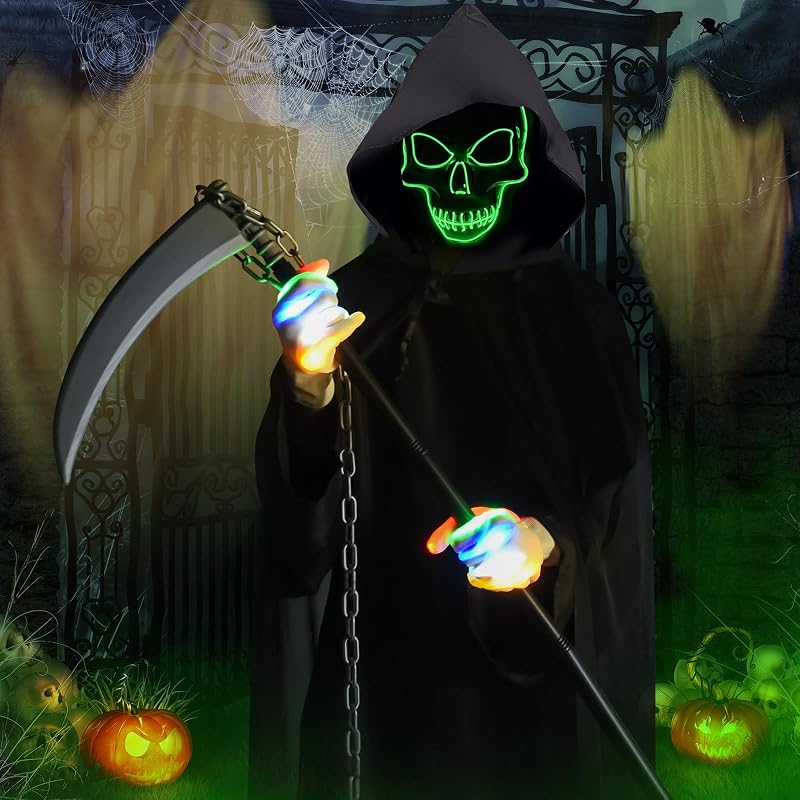 Fato de Fantasma de Halloween, Fato de Ceifador da Morte, Fato de Capa com Capuz de Halloween, Cosplay de Carnaval com Foice, Máscara de Esqueleto, Luvas e Corrente para Criança Adulta — foto 6 de 6