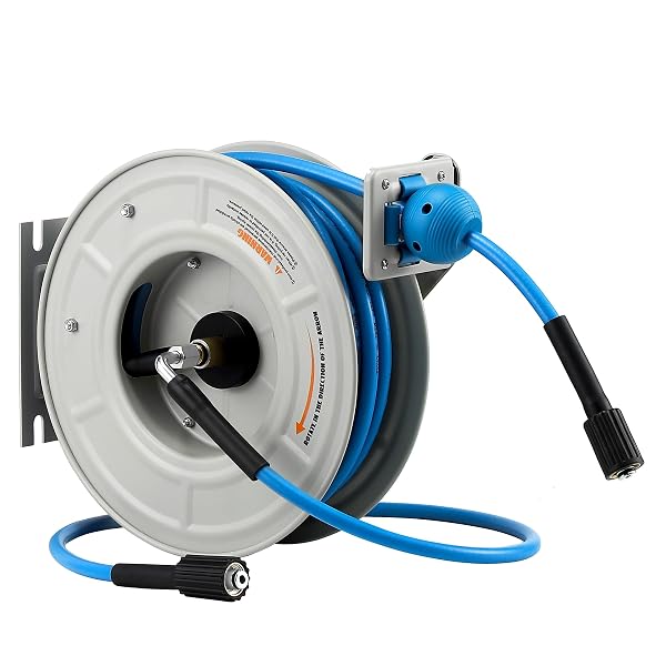 FIXFANS PRESSURE WASHER HOSE REEL WITH HOSE, 1/4″ × 60FT RETRACTABLE POWER WASHER HOSE REEL, HEAVY DUTY HOSE REEL AUTO REWIND, WALL MOUNTED, 3600 PSI