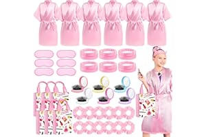 Bonuci 6 Set Spa Party Supplies for Girls, Include 6 Robes 6 Headbands 6 Masks 6 Folding Mini Hairbrush 6 Tote Bags and 12 Scrunchies for Pink Sleepover Party Wedding Birthday