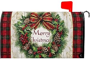 ANCORDIVO Merry Christmas Mailbox Covers Magnetic Standard Size 21 x 18 Inch Xmas Wreath Red Green Buffalo Plaid Seasonal Holiday Mailbox Wraps Post Letter Box Cover for Garden Yard Decor