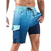 SILKWORLD Mens Swim Trunks with Compression Liner Quick-Dry 10" Stretch Beach Shorts