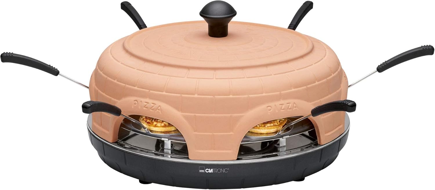 Clatronic PO 3682 elektrischer Pizzaofen für 6 Personen, Terrakotta-Haube inklusiv Rezeptvorschläge + 6 Edelstahl Pizza-Heber + 1 Ausstechform, 1100 Watt, schwarz