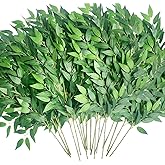HUAHUA 20pcs Artificial Italian Ruscus Greenery Stems -Faux Green Leaf Garland Silk Greenery Leaves for DIY Wedding Arch Bouquet Filler Table Centerpieces Home Indoor Decor