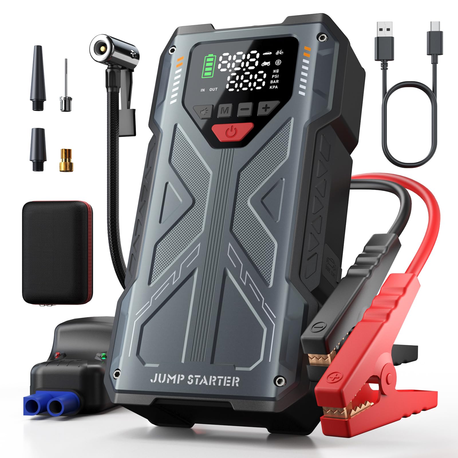 Jump Starter with Air Compressor 4000A, Emergency Car Jumper Starter Portable(8.0L Gas/6.5L Diesel) with 150PSI Auto-Shutoff Tire Inflator, 12V Jump Box Car Battery Booster Power Pack with QC3.0, LCD