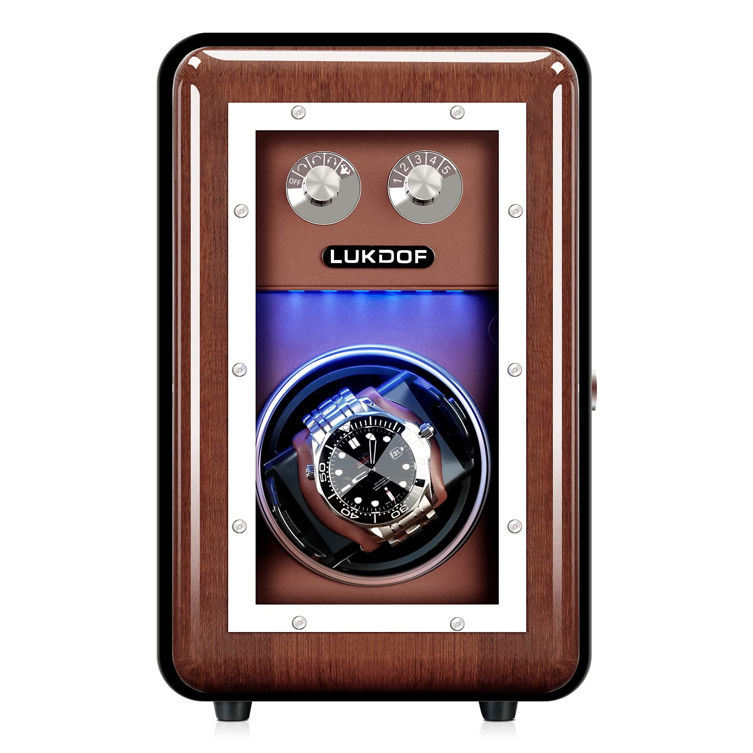 Automatic Watch Winder with Quiet Running Motor Watch Winding Display+ 2 Storage Box, Built-in Illumination, Walnut Watch Winder for Rolex with 3 Adjustable Upgraded Watch Pillows, AC Adapter