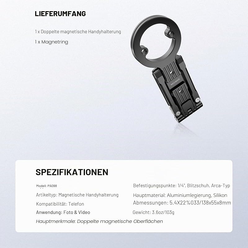 Magnetischer Handy Stativhalter, Metallhalterung für Mobiltelefone mit 1/4" Gewinde, Blitzschuh und Arca Aufnahme, kompatibel mit MagSafe iPhone, Huawei und Android für Videoaufnahmen, PA098