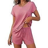 Ekouaer Women 2 Piece Pajamas Set Short Sleeve Comfy Lounge Set Round Neck Tops and Shorts Pjs with Pockets