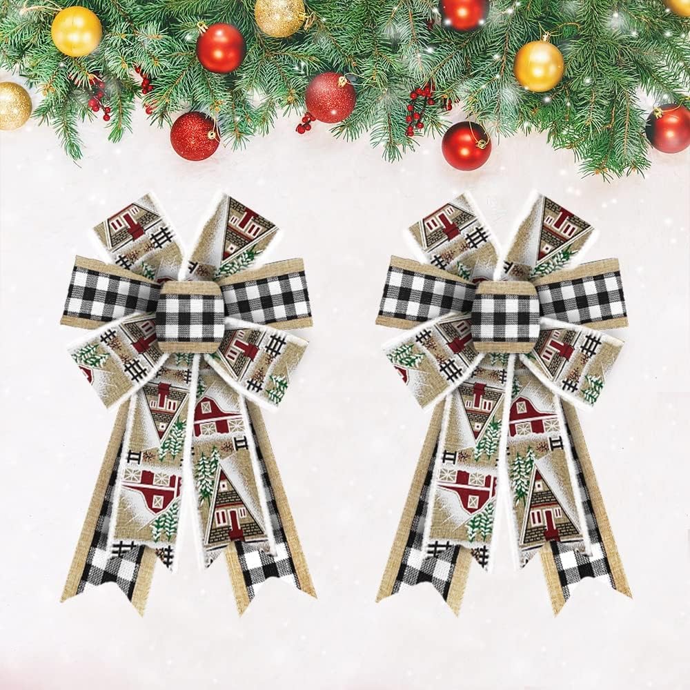 Bows & Ribbons - 2 PCS Christmas Bows for Wreath, Christmas Wreath Bows Winter Holiday Snowflake Bows Black White Buffalo Plaid Bows Xmas Burlap Bows for Front Door Merry Christmas New Year Decorations Suppies