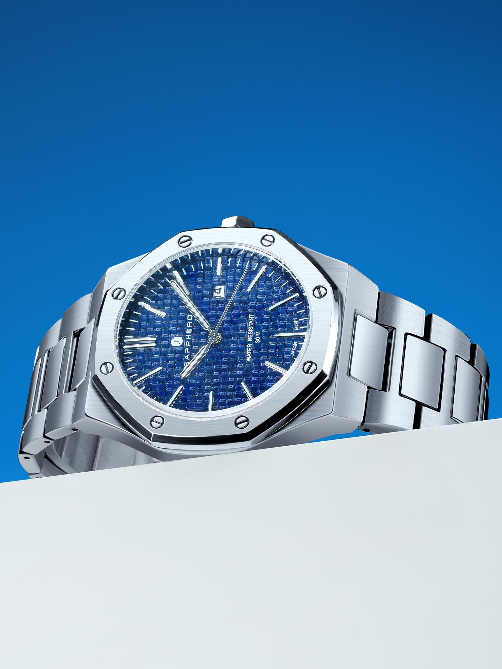 SAPPHERO Watches Men's 30M Waterproof Watch Men's Stainless Steel Octagonal Men's Watch Silver Quartz Japanese Movements Business Casual Luminous Watch with Date