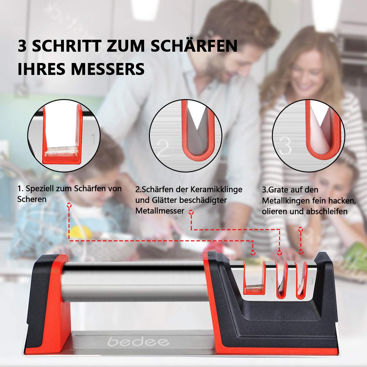 bedee Messerschärfer Knife Sharpener Messerschleifer für Edelstahl und Keramikmesser Küchen messerschärfer Steakmesser Messer Schärfen Schärfen Messer mit Schnittfeste Handschuhe (Metall) (Metall)
