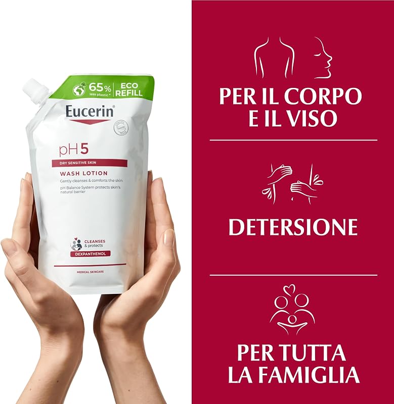 pH5 Detergente Fluido Refill 400 ml, Ricarica detergente viso e corpo delicato e idratante per lavaggi frequenti, Bagnoschiuma senza sapone per tutta la famiglia per pelle secca e sensibile