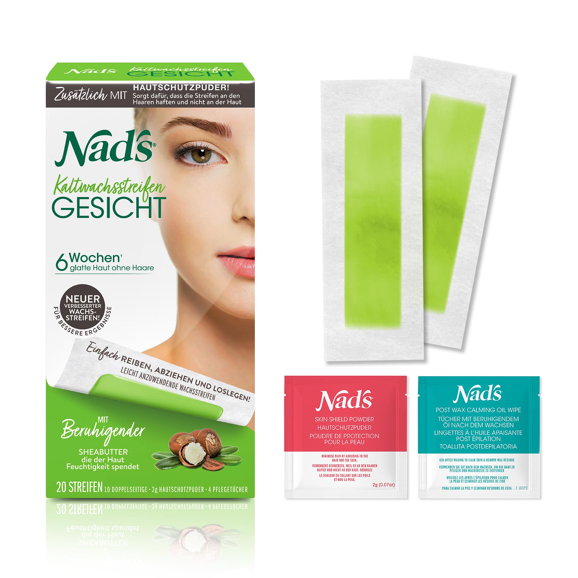 Nad's Cold Wax Strips - Hair Removal for Facial All Skin Types 20 Wax Strips + 4 Wipes for Women