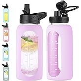 EALGRO 32 oz Glass Water Bottle with Straw and Handle, Sports Motivational Water Flask with Silicone Sleeve, Large Leakproof Water Flask Cup with Time Marker for Travel, Gym, Purple