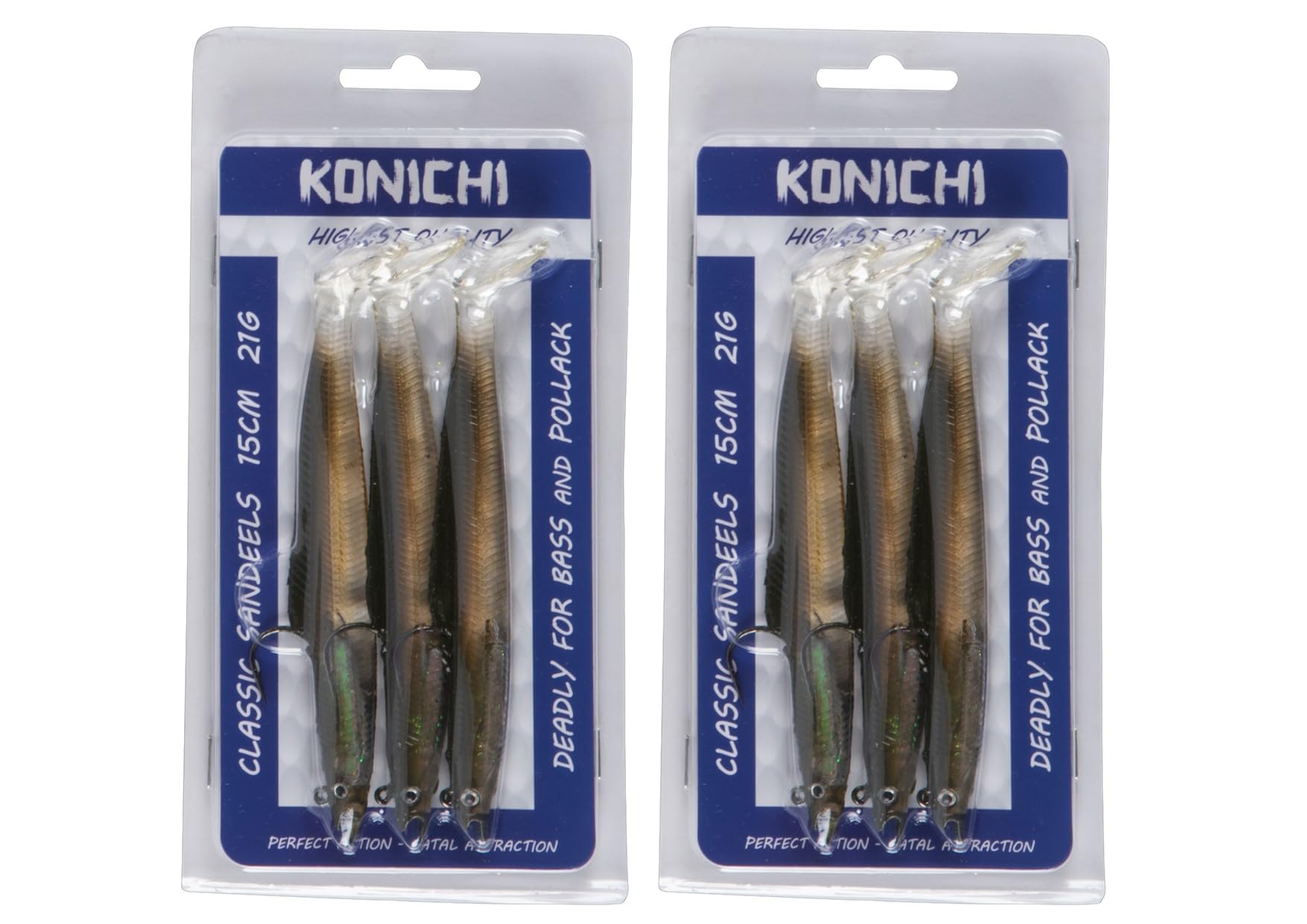 FISHZONE - 6 (2 x 3) Pack KONICHI CLASSIC SANDEEL Fishing Lure 6" 15cm 21g Soft Rubber Imitation Bait Range (6 Colours Available) For Predatory Fishing. UK Supplier (Khaki)