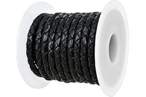 GENIQUE Real/Genuine Round Braided Leather Cord String Rope Folded, Leather Rope for Crafts, Jewelry Making, Necklace, Bracelets (5 Metres) (5mm, Black Distressed)