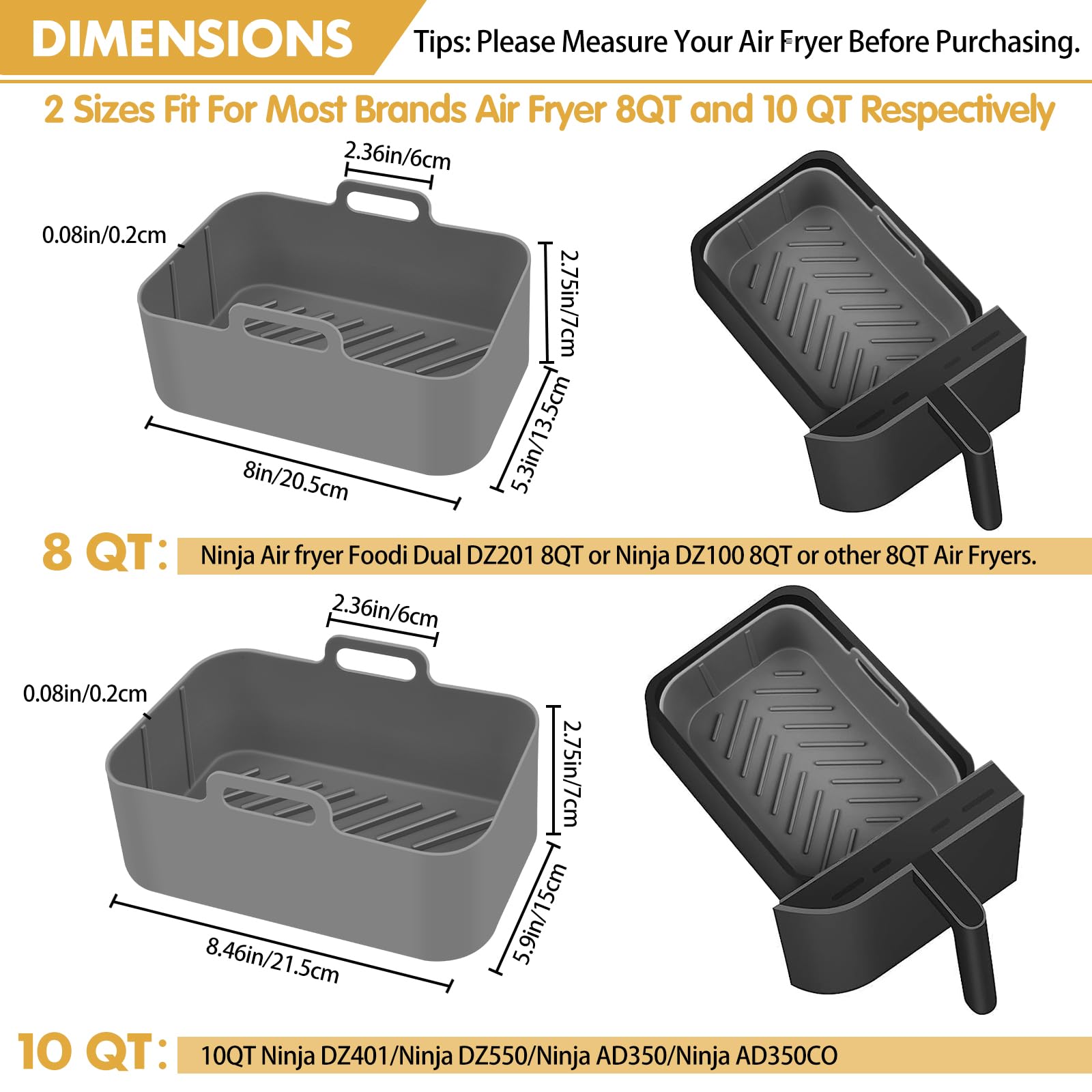 Silicone Air Fryer Liners 10QT, Reusable Airfryer Basket Liners Rectangular for Ninja DZ550/DZ401, 2Pcs 5QT Large Air Fryer Accessories,Replacement Basket Insert with Magnetic Cheat Sheet (2 Pcs Grey)