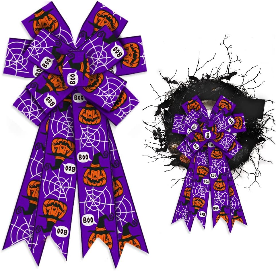Bows & Ribbons - Large Halloween Bows for Wreaths, Halloween Wreath Bows, Spider Web Pumpkin Bows, Purple Background Bows for Front Door, Halloween Decor, Burlap Bows for Wreath Indoor Outdoor Wall Decorations