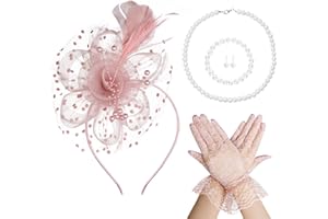 Yolyoo Girls Tea Party Set Fascinators Hats with Pearl Necklace Earring Jewelry Lace Gloves for Wedding Tea Party Accessories