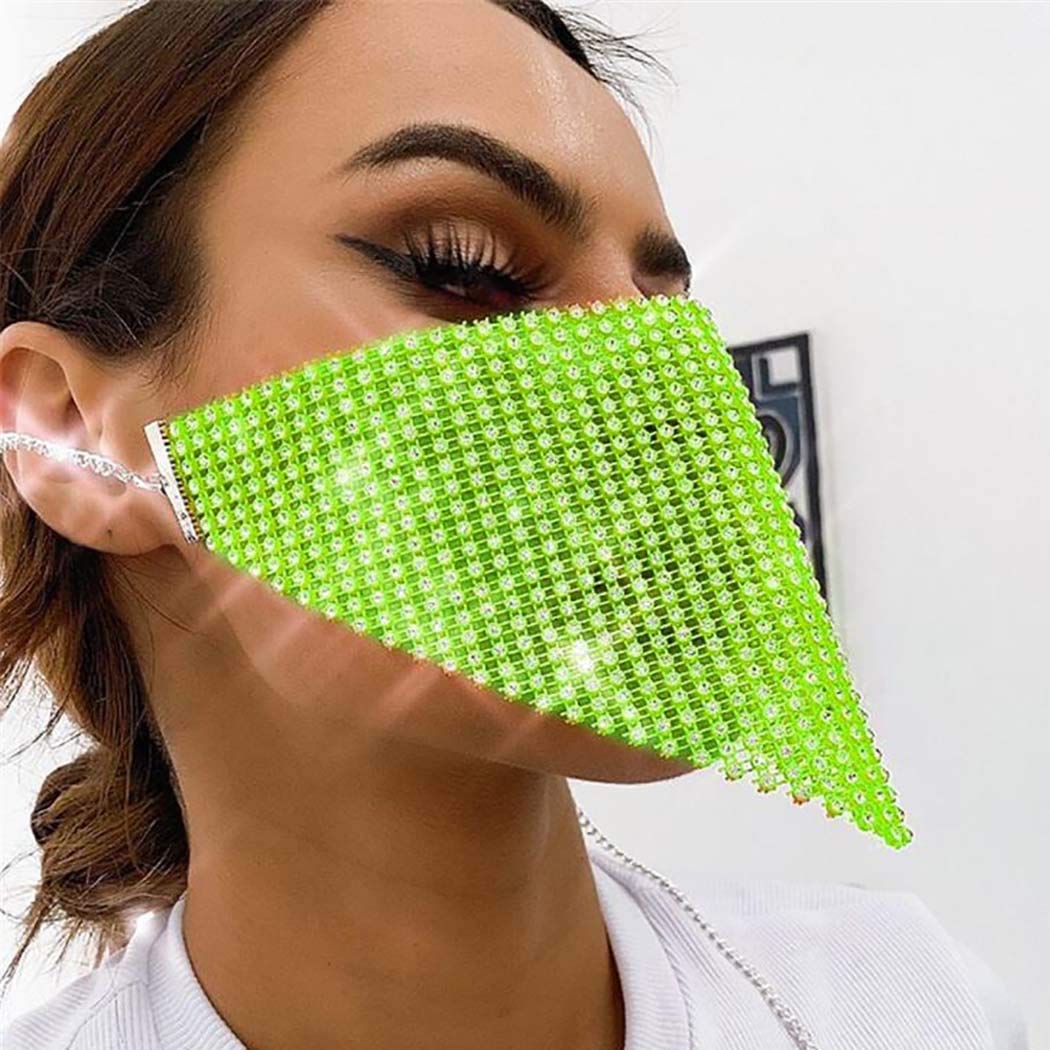 Barode Sparkly Rhinestone Mesh Mask Chain Crystal Masquerade Masks Ball Party Nightclub Face Necklace Venetian Mardi Gras Jewelry for Women and Girls (Green)