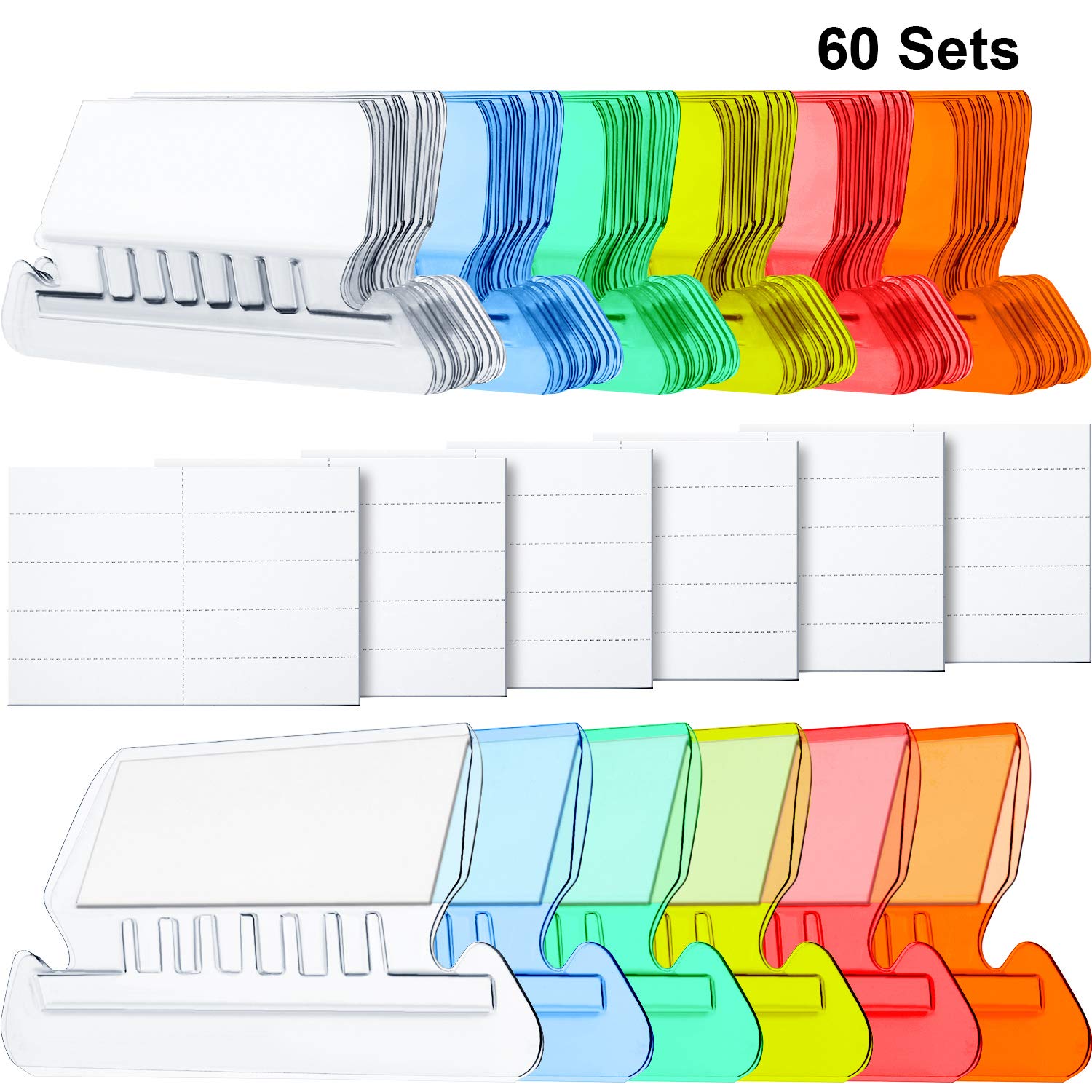 Jovitec Hanging File Tabs and Inserts, 60 Sets File Folder and Inserts Plastic Tabs for Back to School Organize Distinguish Hanging Files, 2 Inch, Clear to Read(60 Sets,Angle Design Multicolor A)
