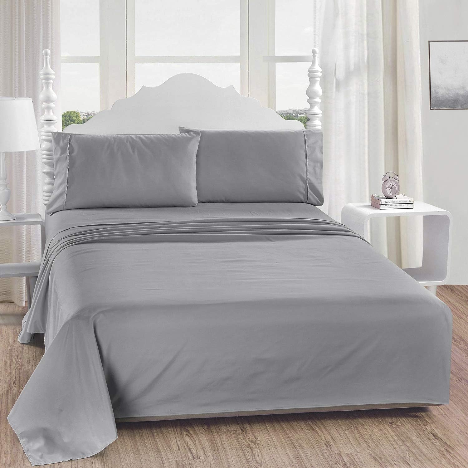 softan King Bed Sheet Set,1 Flat Sheet,1 Deep Pocket Fitted Sheet, and 2 Pillow Cases, 4 PC Brushed Microfiber Bedding Sheet Set, Breathable & Silky Soft Feeling Sheets（Light Grey）: Home & Kitchen
