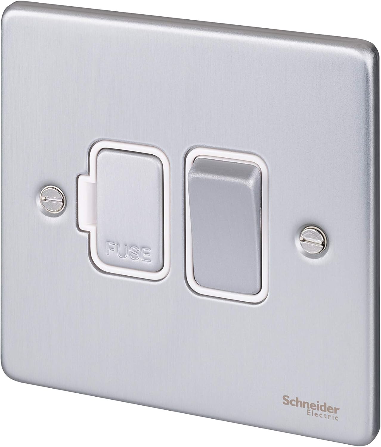 Schneider Electric Piastra piatta senza viti – Presa singola con interruttore, 13 A, GU3410WPC, cromo lucido con inserto bianco
