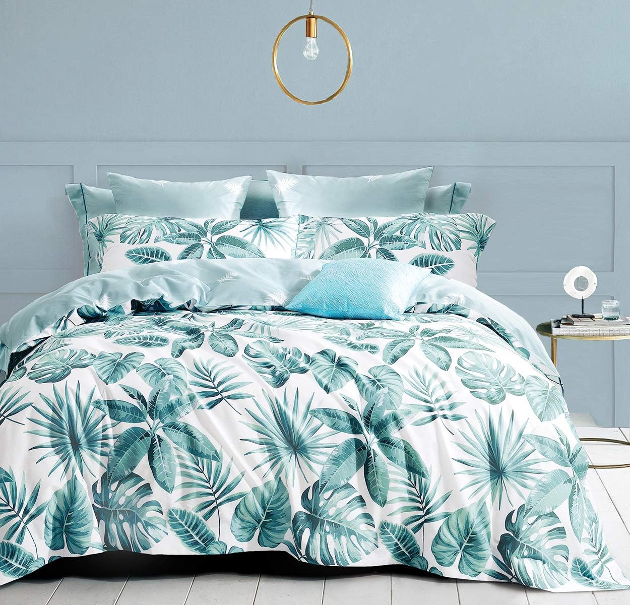 SLEEPBELLA Duvet Cover Queen, Tropical Green Leaves Printed on White & White Leaves on Turquoise Color with Seagreen…