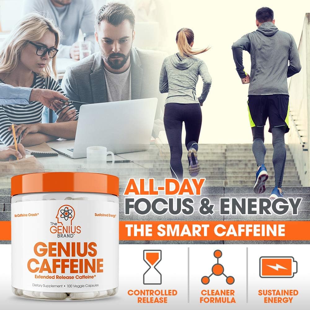 Genius Caffeine, Extended Release Microencapsulated Caffeine Pills, All Natural Non-Crash Sustained Energy & Focus Supplement, Preworkout & Nootropic Brain Booster For Men & Women,100 Count: Health & Personal Care