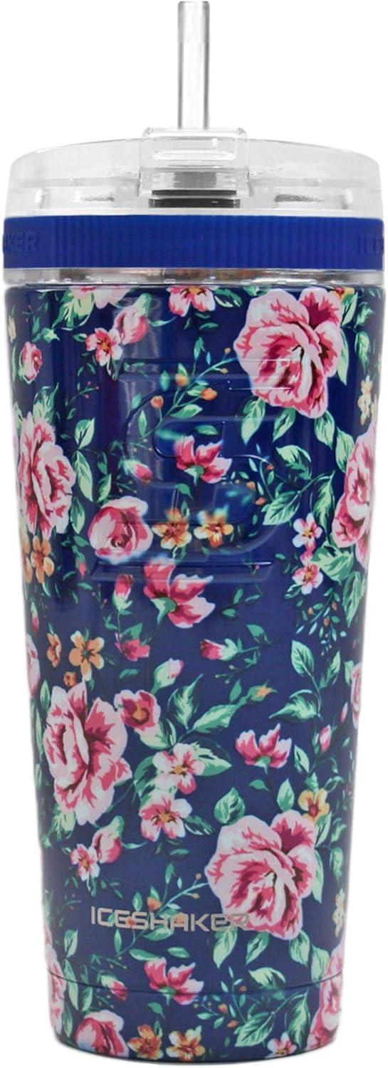 Ice Shaker 26oz w/Flex Lid & Straw - Stainless Steel Tumbler & Insulated Water Bottle - Vacuum Insulated Tumbler for Hot and Cold Drinks (Floral) | Gronk Shaker