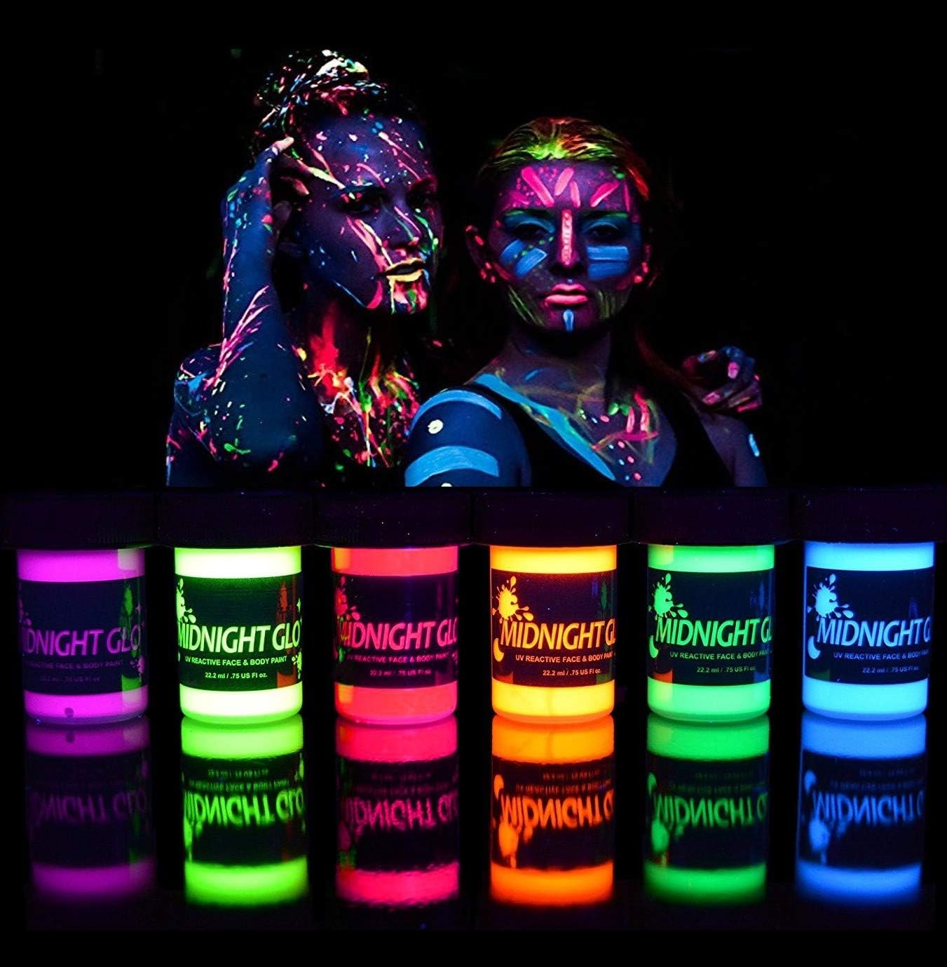Black Light Paint UV Neon Face & Body Paint Glow Kit - Made In USA (6 Bottles 0.75 oz. Each) - Blacklight Reactive Fluorescent Paint - Safe, Washable, Non-Toxic, By Midnight Glo