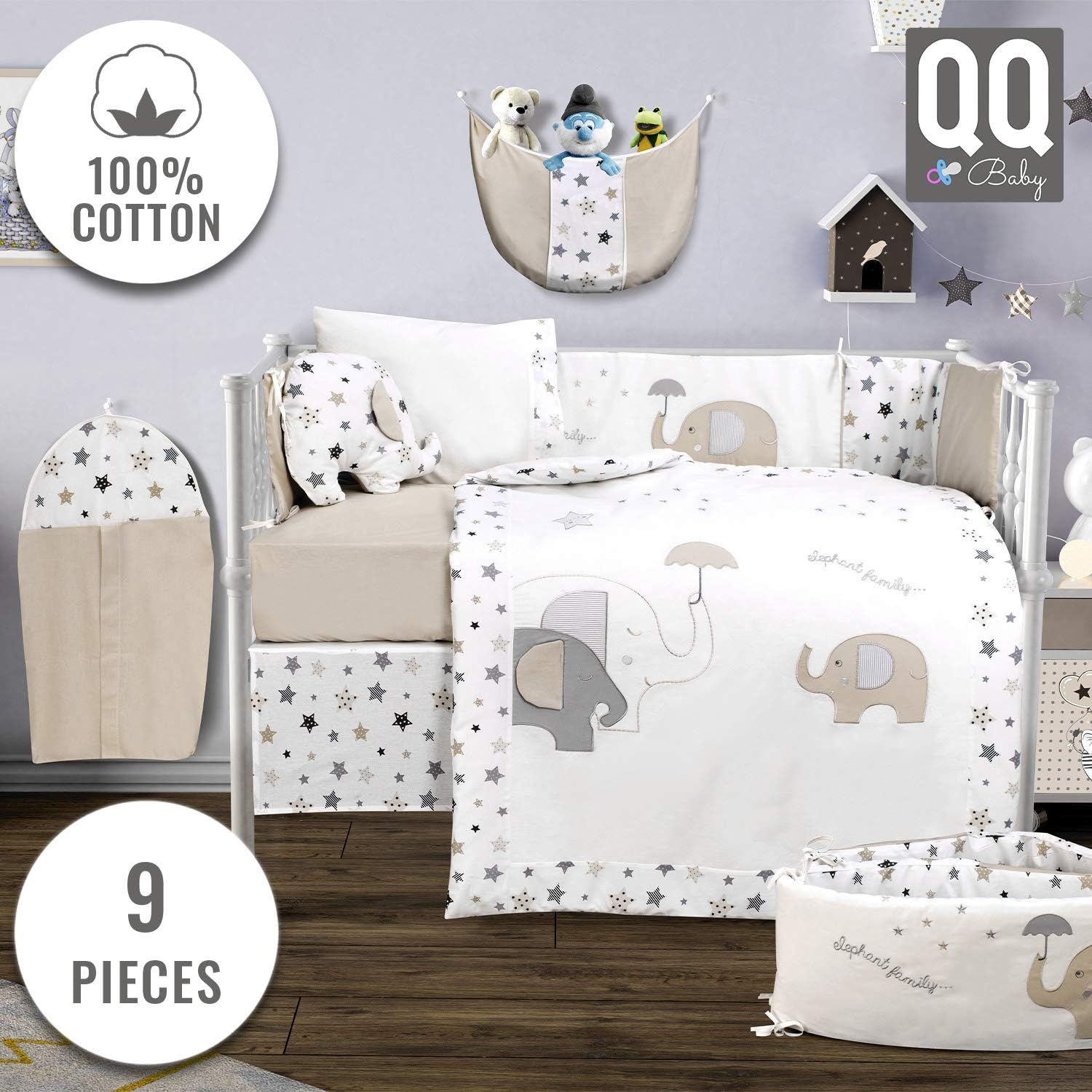 Baby Crib Bedding Set - 100% Turkish Cotton - 9 Piece Nursery Crib Bedding Sets for Boys & Girls - Elephant Design - 4 Color Variations by QQ Baby (Beige)