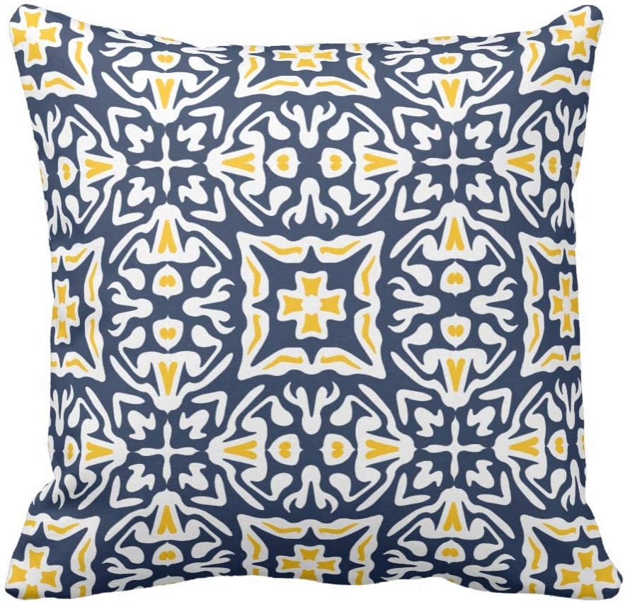 Navy and Yellow Mediterranean Tile Pattern Throw Pillow Cover Square 18 x 18 Inches Wedding Pillow Case Cover Cushion Cover for Sofa