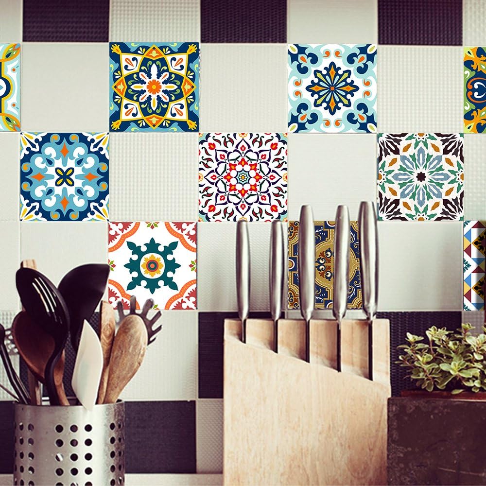 AMOYEE Wall Stickers for Home Decor, Self-Adhesive Backsplash Removable Wallpaper, Square Waterproof Oil-Proof Anti-Skid Art Tile Sticker Wall Murals for Kitchen, Bathroom and Toilet