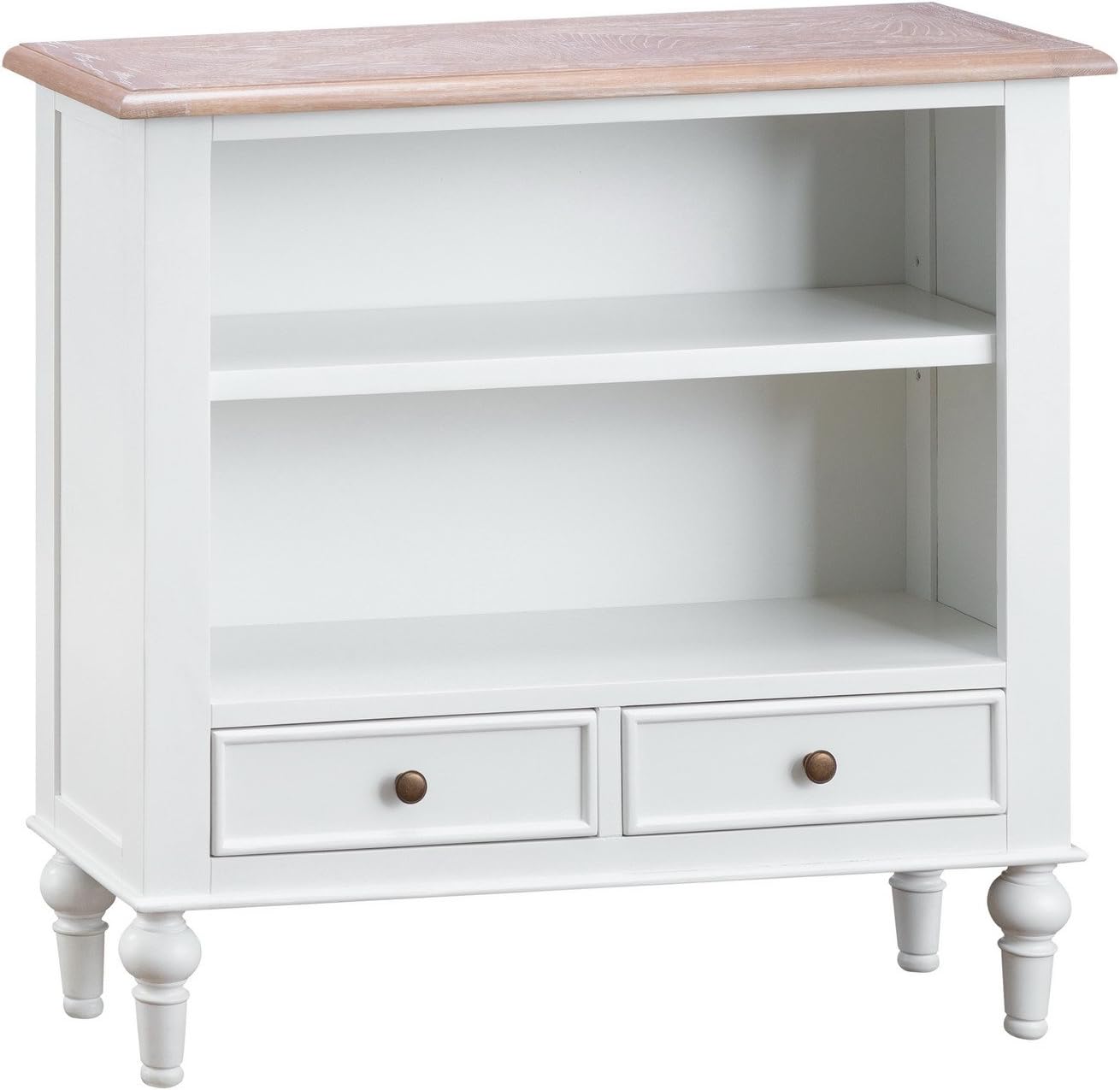 Norwich White Painted 2 Drawer Small Wide Bookcase Lime-wash Oak Top | Wooden Bookshelf 2 Tiers
