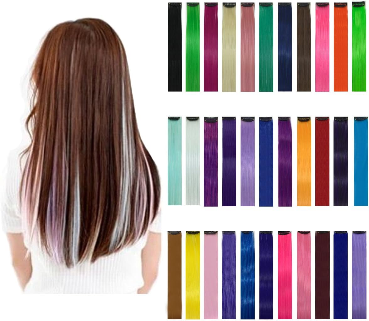 33 Pieces 21 Inch Colorful Hair Extensions, Straight Long DIY Fiber Hair Piece Wigs Support Perm Straightening