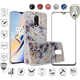 Compatible for OnePlus 6T Case with Full Edged Tempered Glass Screen Protector, Marble Frozen Glitter Bling Design Hybrid [Shockfpoof] TPU Cover Case for Women Girl Design (Purple)