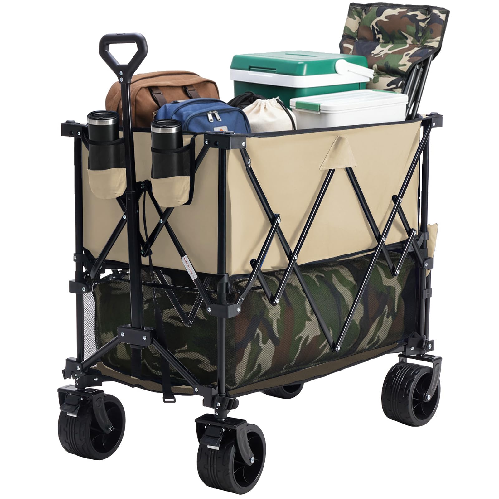 DUMOS Wagons Cart, Double Decker 440 lbs Large Capacity Folding Wagon with Brakes, Flexible Handle, All-Terrain Big Wheels for Grocery Sports Garden Camping - Brown Image