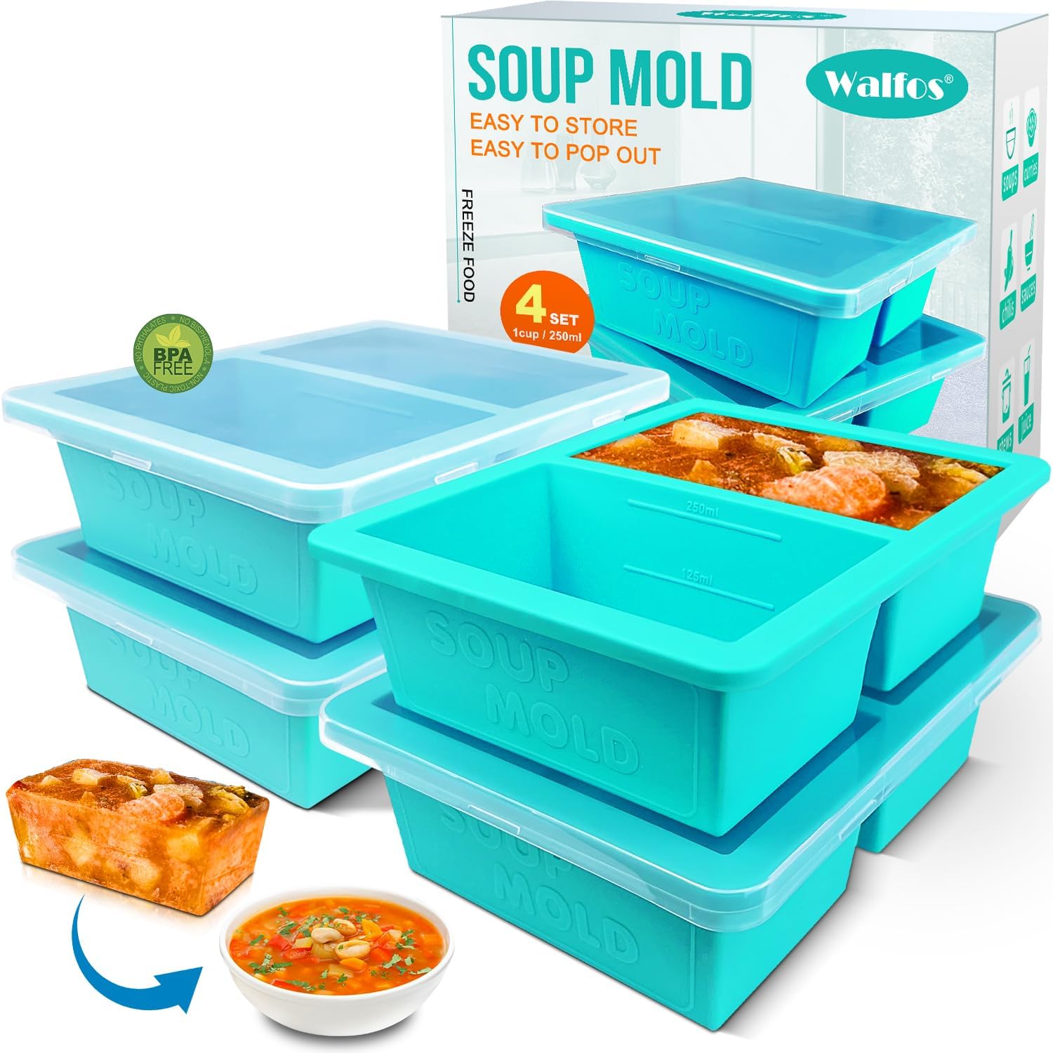 Walfos 1-Cup Silicone Freezer Molds with Lid, 4 Packs Soup Freezer Ice Cube Tray For Food, Silicone Food Freezing Container For Storing and Freezing Soup, Broth, Sauce and Ice.