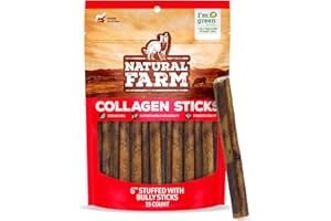 Natural Farm Bully Sticks Stuffed Collagen Sticks for Dogs (6 Inch, 15-Pack), Rawhide-Free Collagen Sticks, Natural Dog Chews, Long Lasting, for Small, Medium and Large Dogs, Great Rawhide Alternative