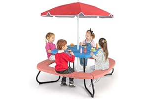 KOTEK 8-Person Kids Picnic Table, Toddler Activity Table with Removable Umbrella, 4 Built-in Benches, HDPE Top & Metal Frame,