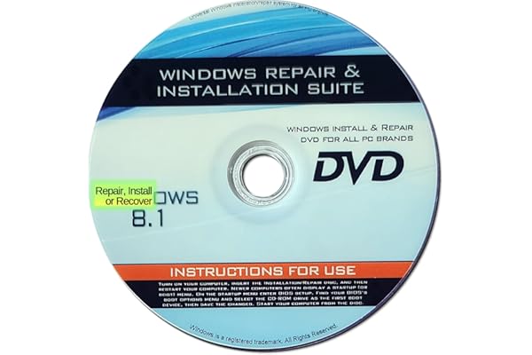 Recovery, Repair & Re-install disc compatible with Win 8.1 32/64 bit