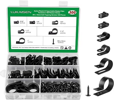 LuKaiSen Cable Clips R-Type 300PCS Nylon Cord Organizer 6 Sizes Black Screw
