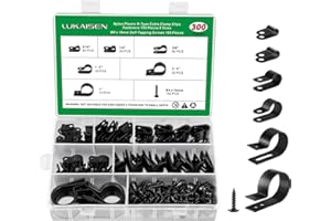 LUKAISEN Cable Clips for Cable Management Cord Organizer, 6 Sizes 300 PCS Nylon R-Type, 3/16'' 1/4'' 3/8'' 1/2'' 3/4'' 1'' Black Plastic Screw Mounting Cord Fastener Clamp Assortment Kit with M4 Screws