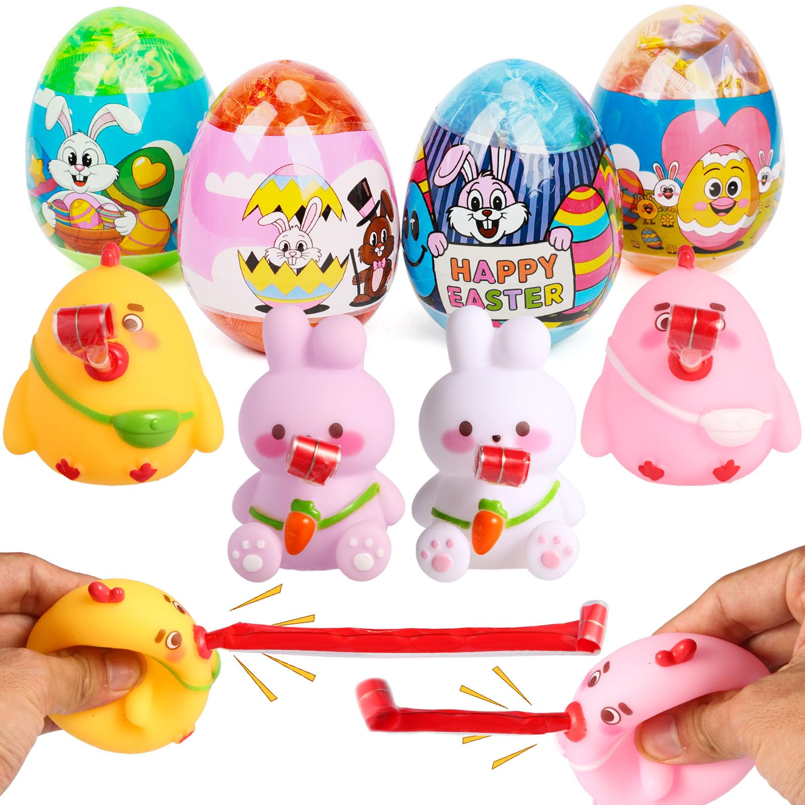 BEIGUO 4 Pack Easter Egg with Tongue Out Squeeze Toys Inside,Prefilled Eggs with Toys for Kids Easter Basket Stuffers,Eggs Hunt,Party Favors