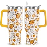 Fall Tumbler 40 oz Thanksgiving Pumpkin Tumbler Fall Coffee Mugs Leak Proof Cups with Handle and Straw Stainless Steel Insulated Water Bottle for Fall Decor Thanksgiving Gifts for Women (1PCS)