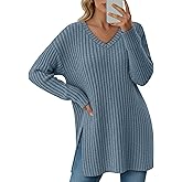Velvelhall Women's Long Sleeve Sweater, V Neck Oversized Side Split Casual Top Loose Fit Lightweight Knit Pullover Sweaters